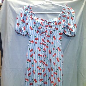 Unique Vintage extra small blue stripe cherry dress